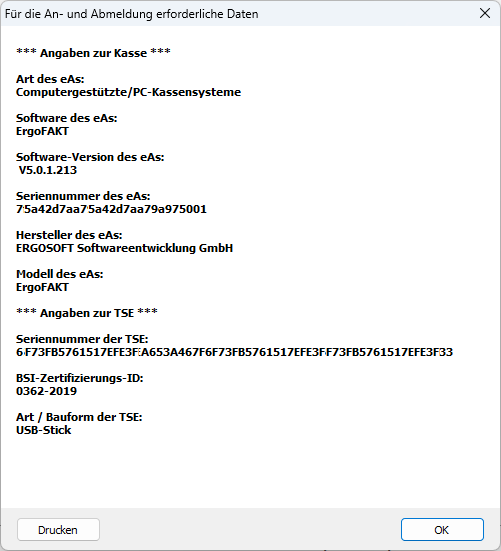 Dialog mit technischen Daten zu ErgoFAKT Kassenarbeitsplatz
