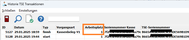 Anzeige der Kassen- und TSE-Seriennummer in der Historie TSE-Transaktionen