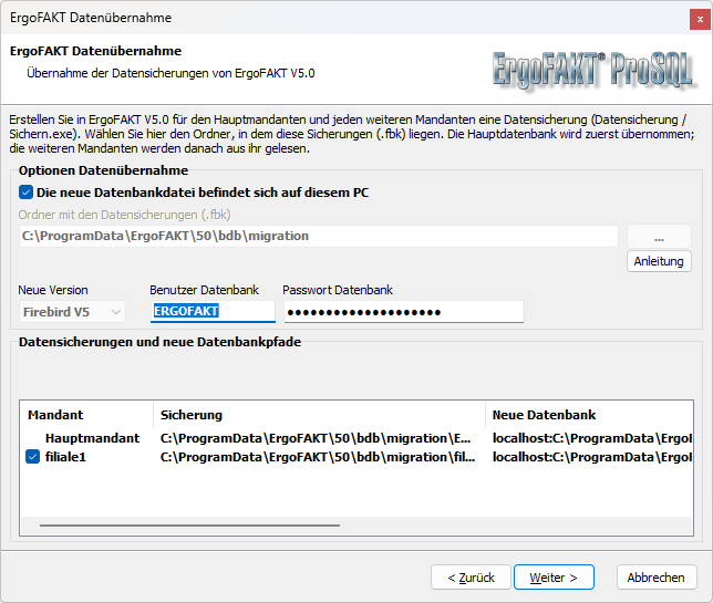 Dialog ErgoFAKT Datenübernahme mit Hauptmandant und weiterem Mandanten