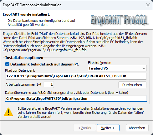 Einrichtung von ErgoFAKT V5.1 mit dem Feld Datenübernahme aus V5.0