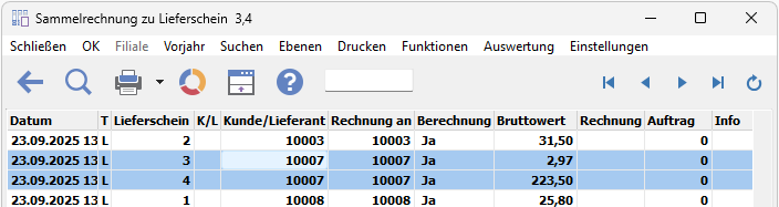 Lieferscheine: Sammelrechnung