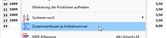 Zusammenfassen von Artikeln in der Verkaufsansicht