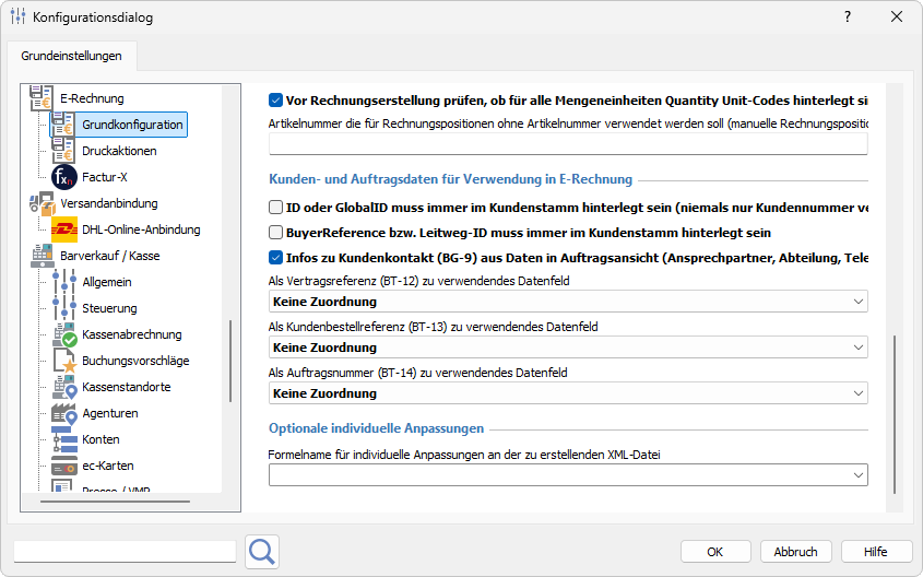 Konfigurationsdialog zum Einstellen der E-Rechnungsfunktionen