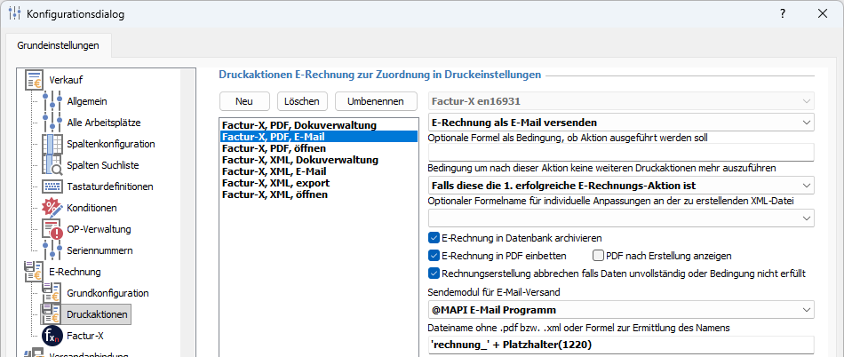 Festlegung der Druckaktionen für die Erstellung von E-Rechnungen