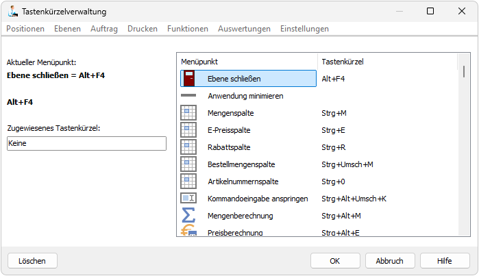 Die Tastenkürzelverwaltung in ErgoFAKT