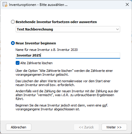 Dialog zum Starten einer neuen Inventurerfassung